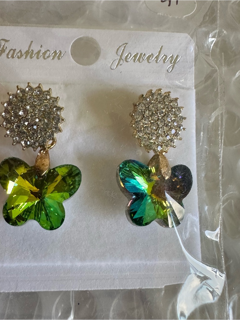 Butterfly Dsigns Green Iridescent Crystal Butterfly Drop Earrings